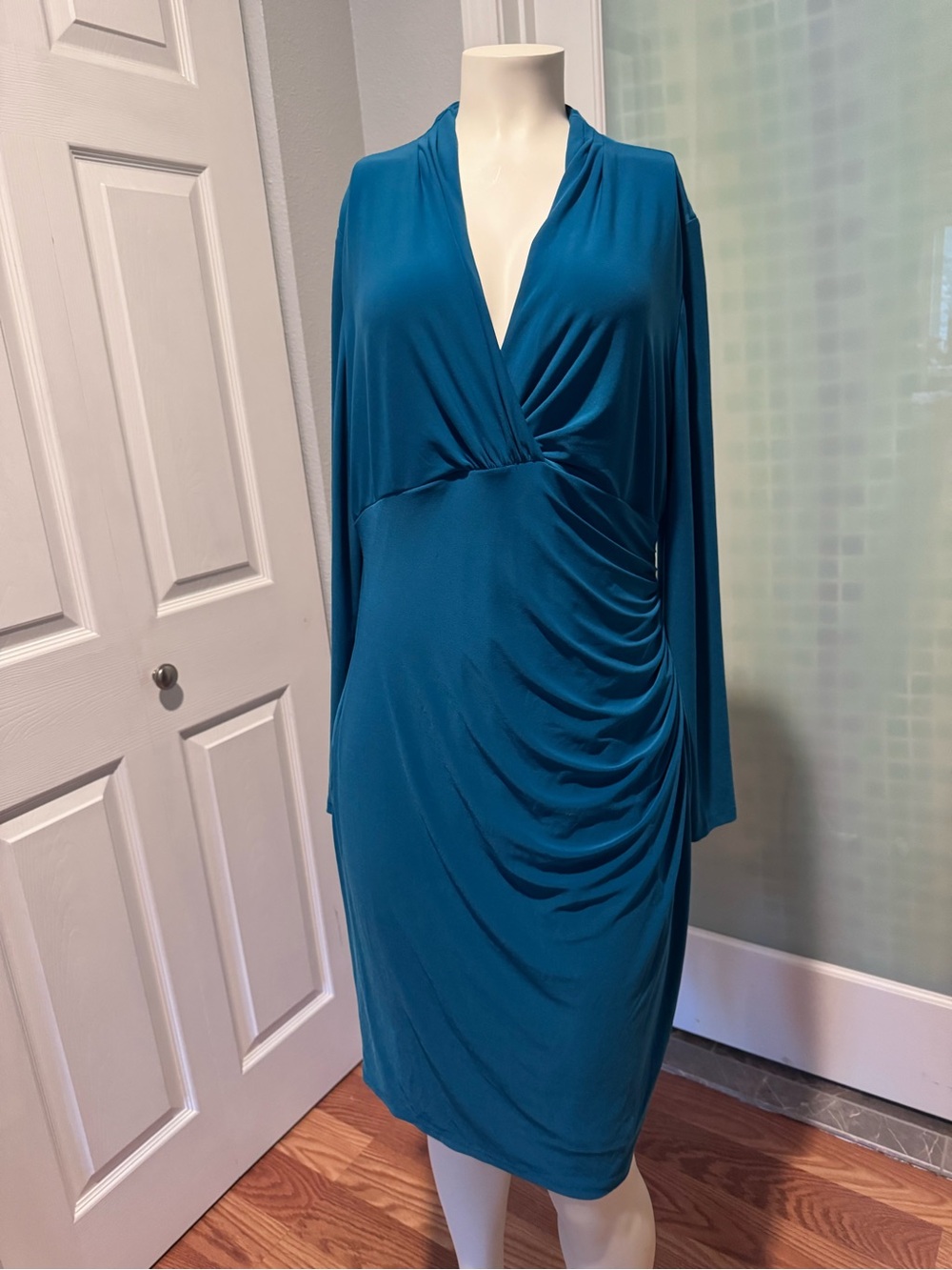 Lauren Ralph Lauren Teal Long Sleeve Ruched Dress